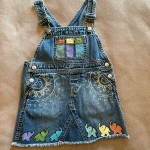 Hand Painted Old Navy Denim Overall Dress with Colorful Elephant Design